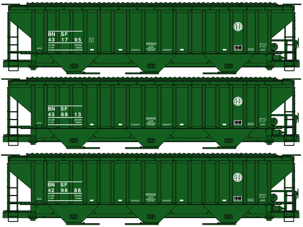 Three BNSF Ry. three-bay covered hoppers painted Cascade Green with white graphics.