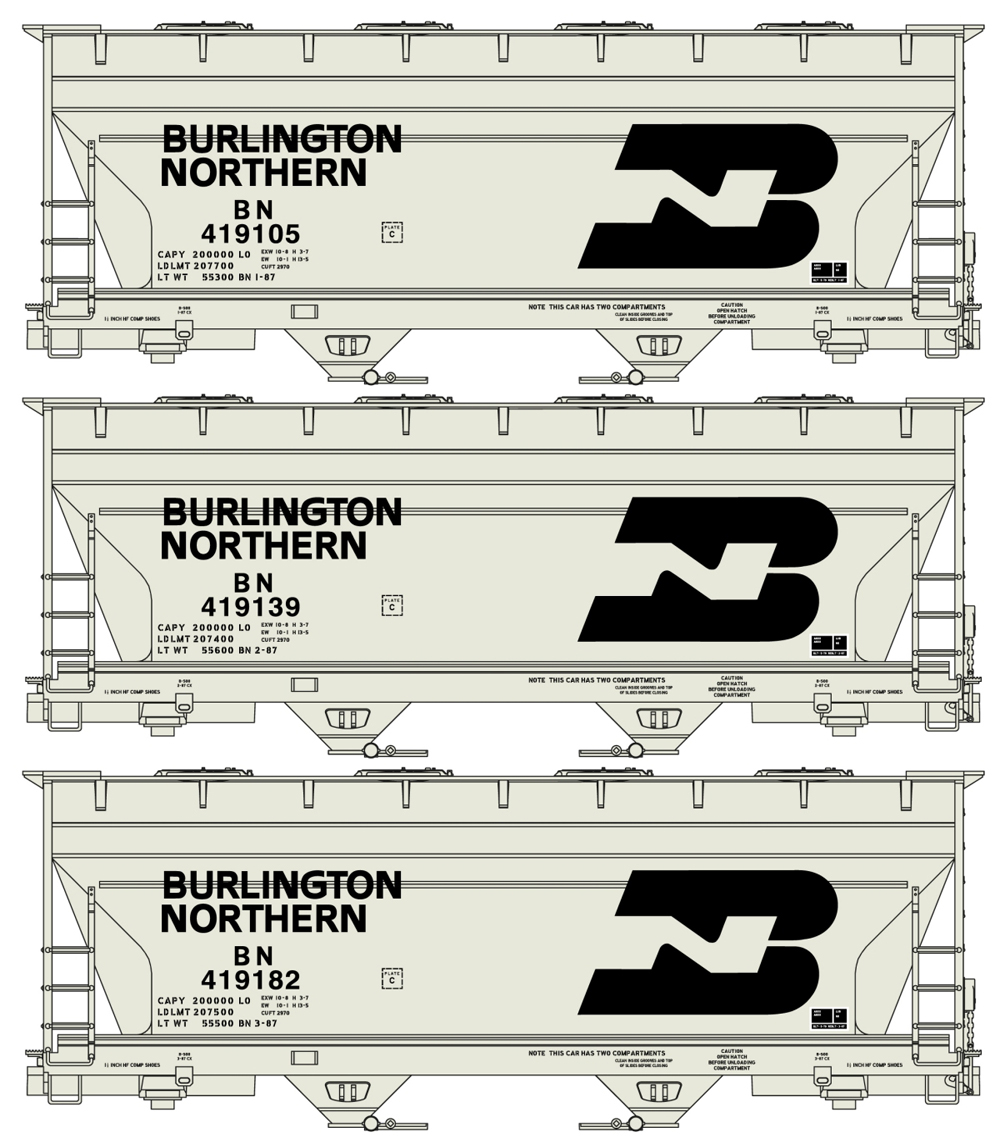 Three BN two-bay Center Flow covered hoppers painted gray with black graphics.