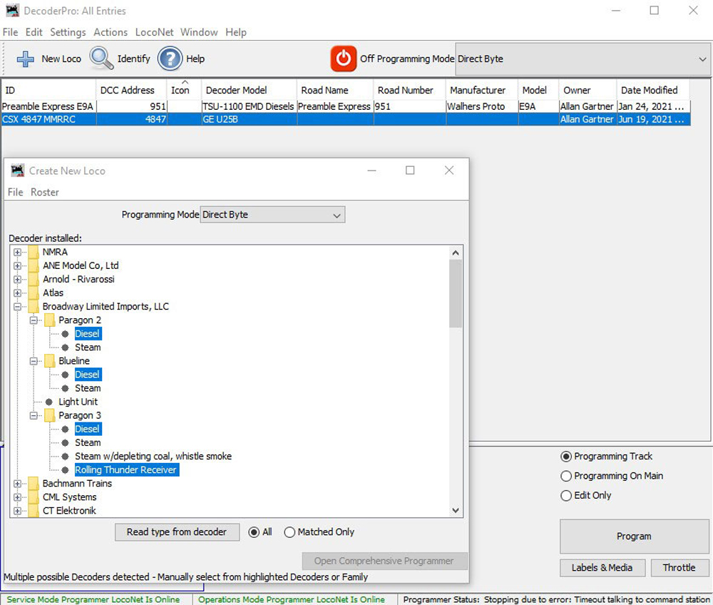 A screen shot shows DecoderPro software being used to reset a DCC decoder