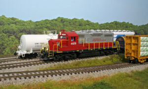 A model locomotive in a yard