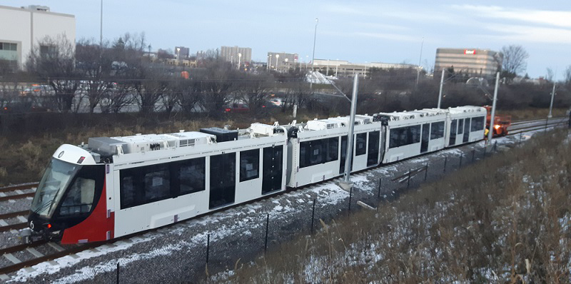 Red and white light rail equipment