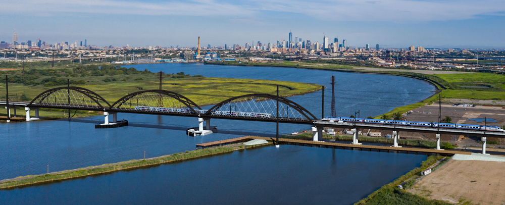 Rendering of bridge with two trains