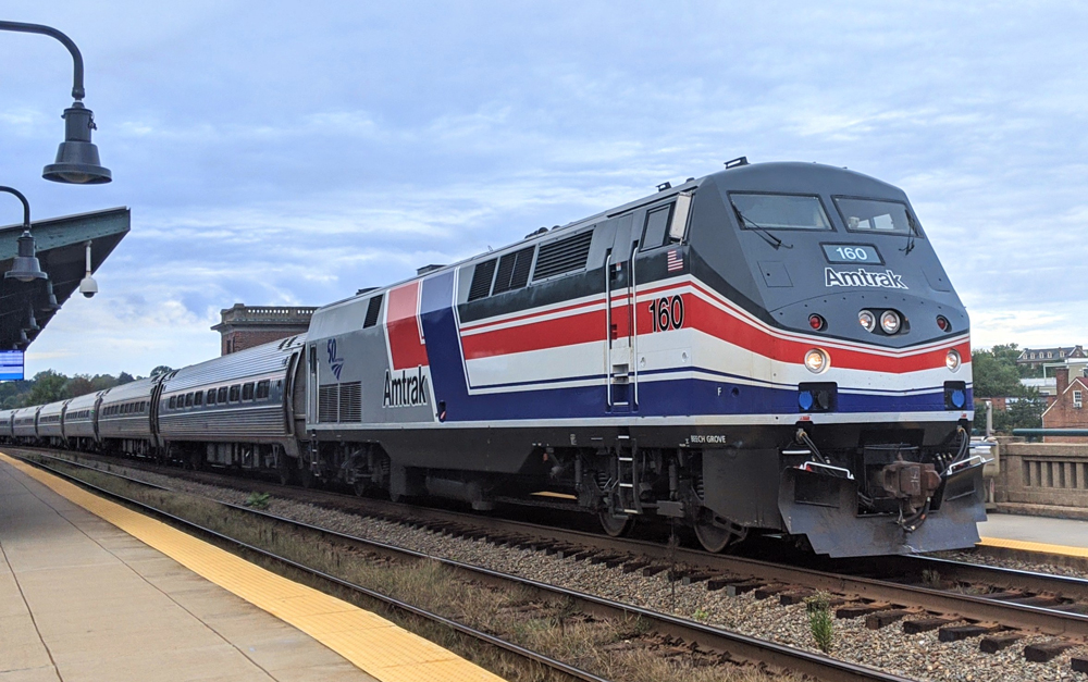 Locomotive with elaborate red, white, and blue striking