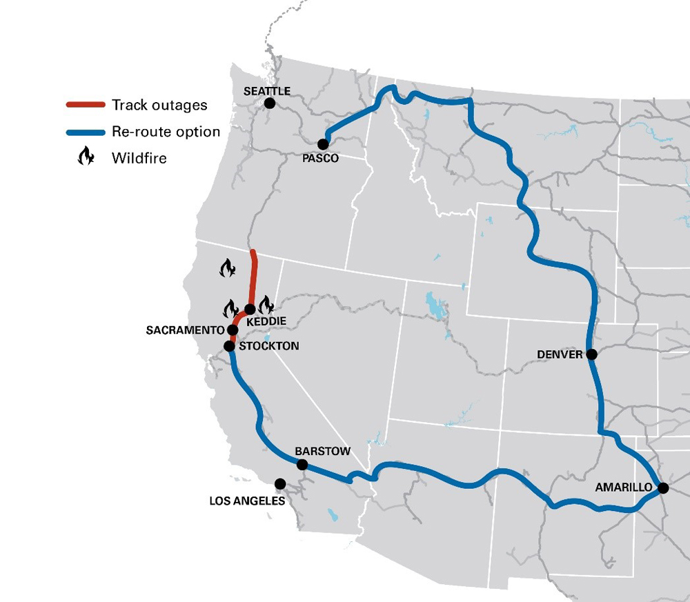 Map showing closed rail line in red and detour through nine states in blue