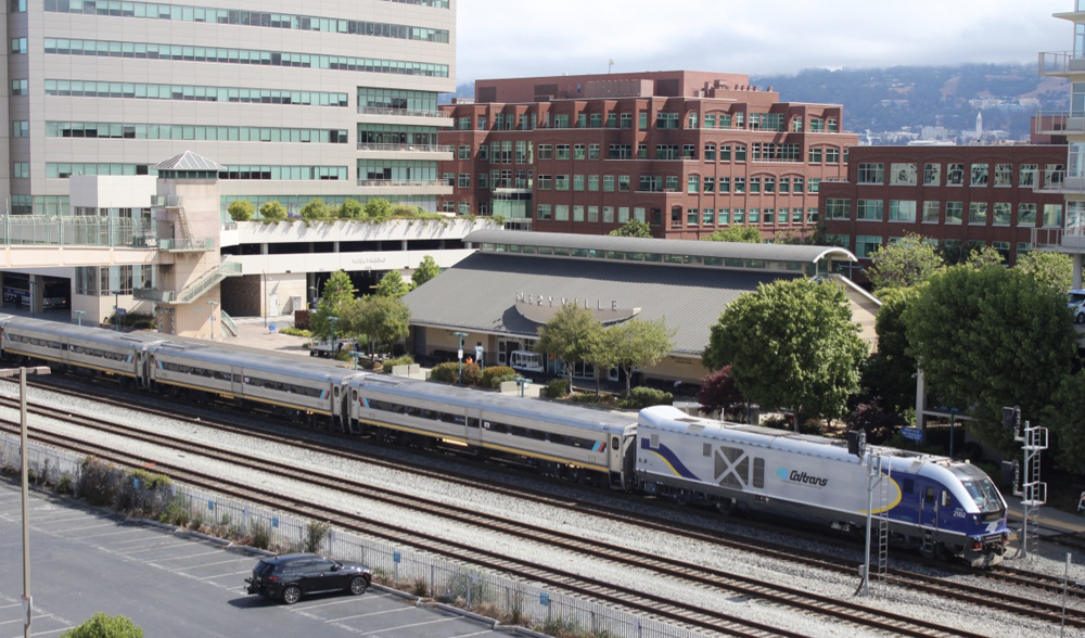 High-angle view of regional Amtrak train at station