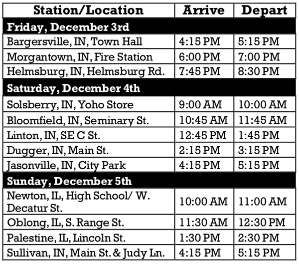 Schedule for Indiana Rail Road Santa Train