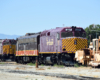 Diesel locomotives in a rail yard.