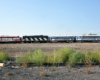 Two locomotive in middle-distance in an arid landscape.