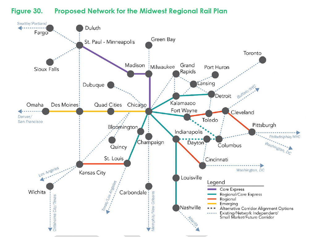 Schematic map of proposed passenger rail service with Chicago as hub