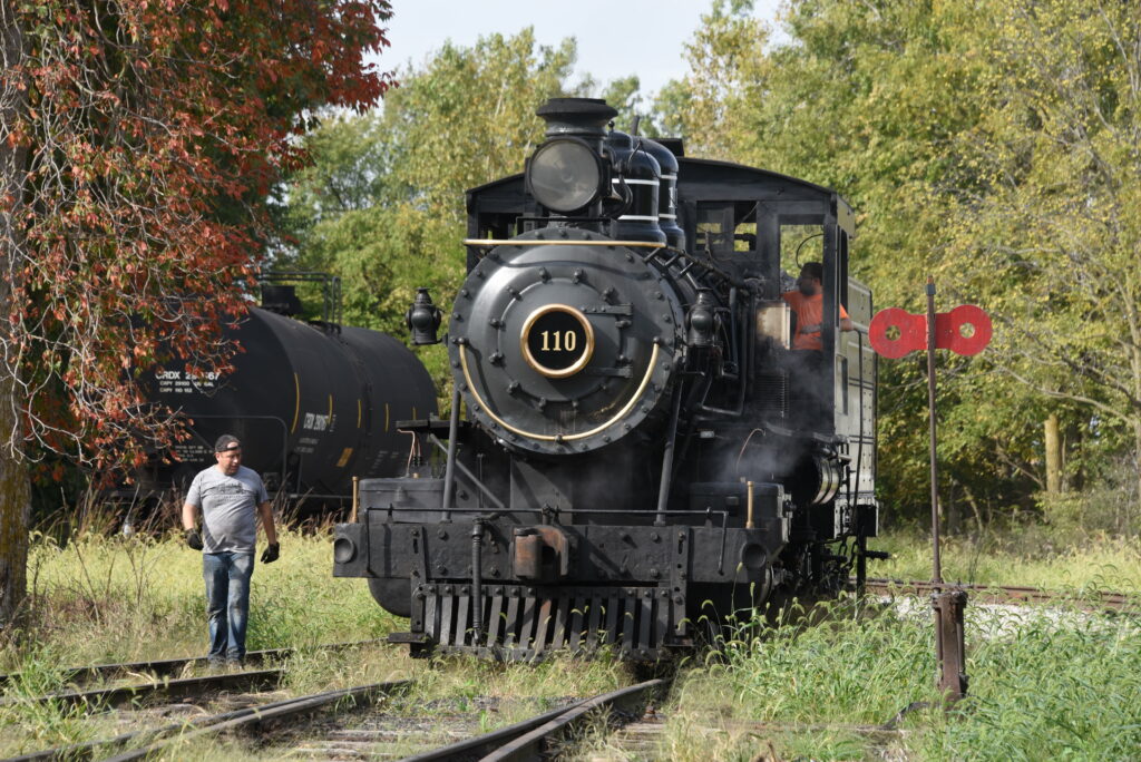 Small black steam locomotive on tracks overgrown with grass.