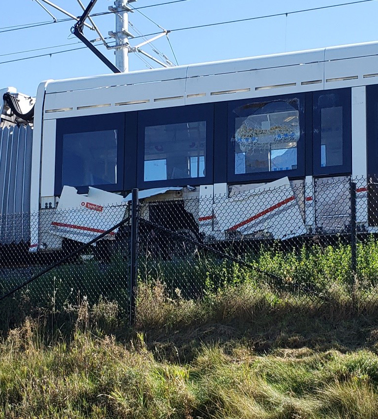 Damaged side of light rail car