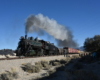 Steam locomotive at speed with tall plume of smoke. 