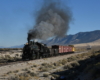 Steam locomotive at speed with freight train while another train waits in the distance.