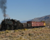 Steam train runs with freight cars in the desert