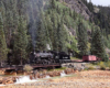 Narrow gauge steam train crossing a bridge in a forested scene.