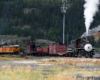 Two narrow gauge steam trains operated facing away from each other in a forested scene.