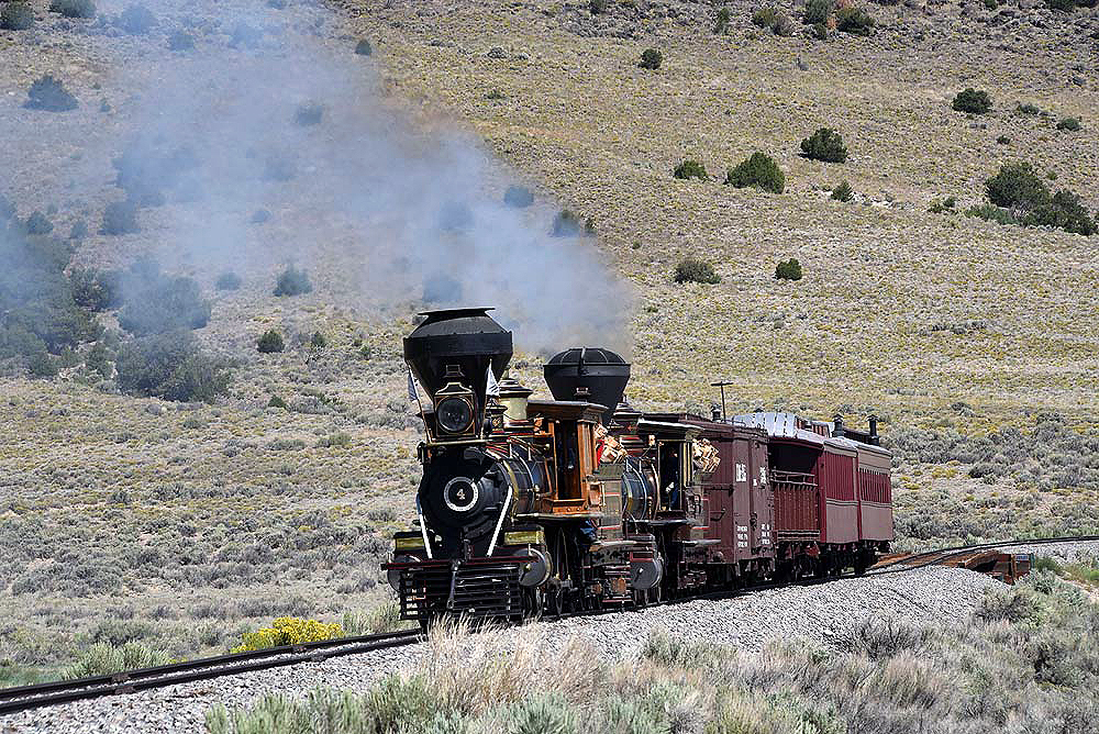 4-4-0 Eureka and 2-6-0 Glenbrook doublehead on a mixed train for fans. The location is Ferguson’s trestle. Jim Wrinn