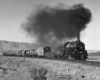 Smoking steam locomotive with freight train in treeless hills