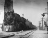 Small white dog looks at approaching steam locomotive.