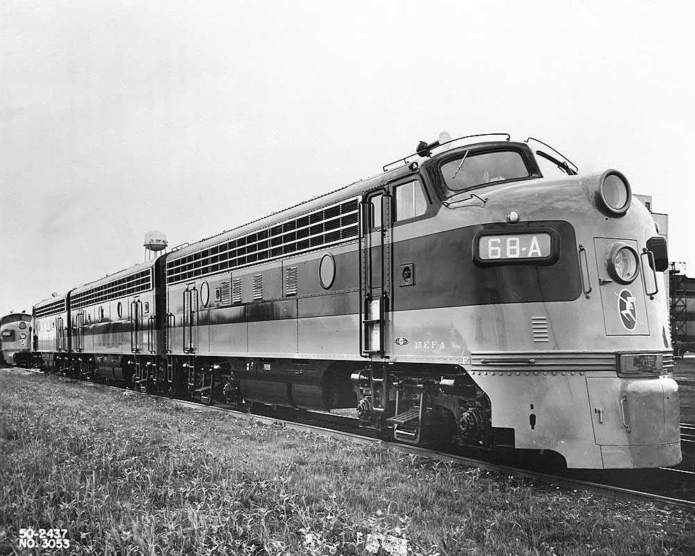 Shiny two-tone streamlined diesel locomotive