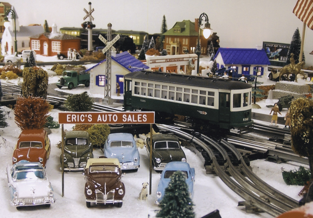 Toy train streetcar in holiday scene