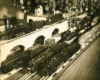 Vintage black and white photo of toy train layout