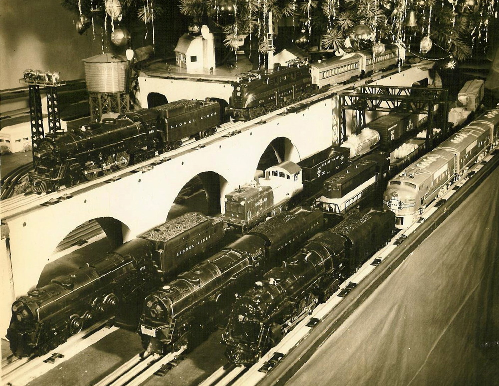 Vintage black and white photo of toy train layout