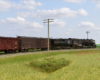 A steam engine pulls a string of boxcars around a sweeping curve in a prairie setting