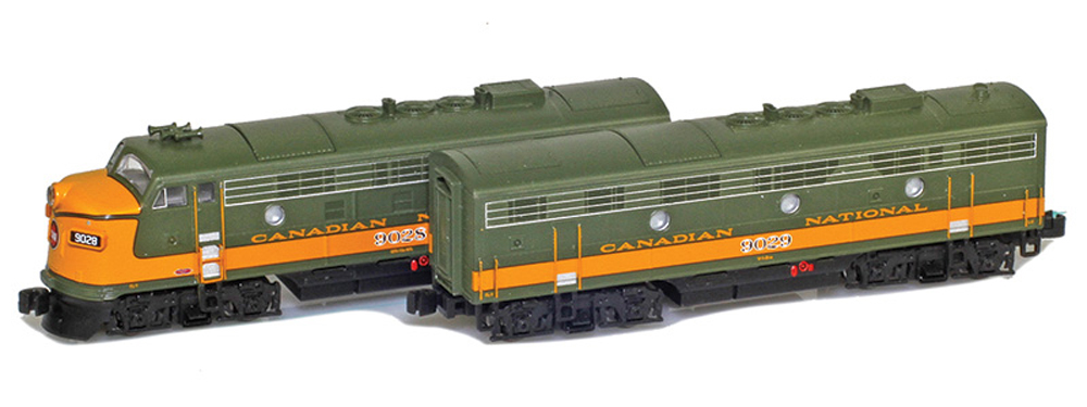 Canadian National Electro-Motive Division F7A and F7B diesel locomotives.