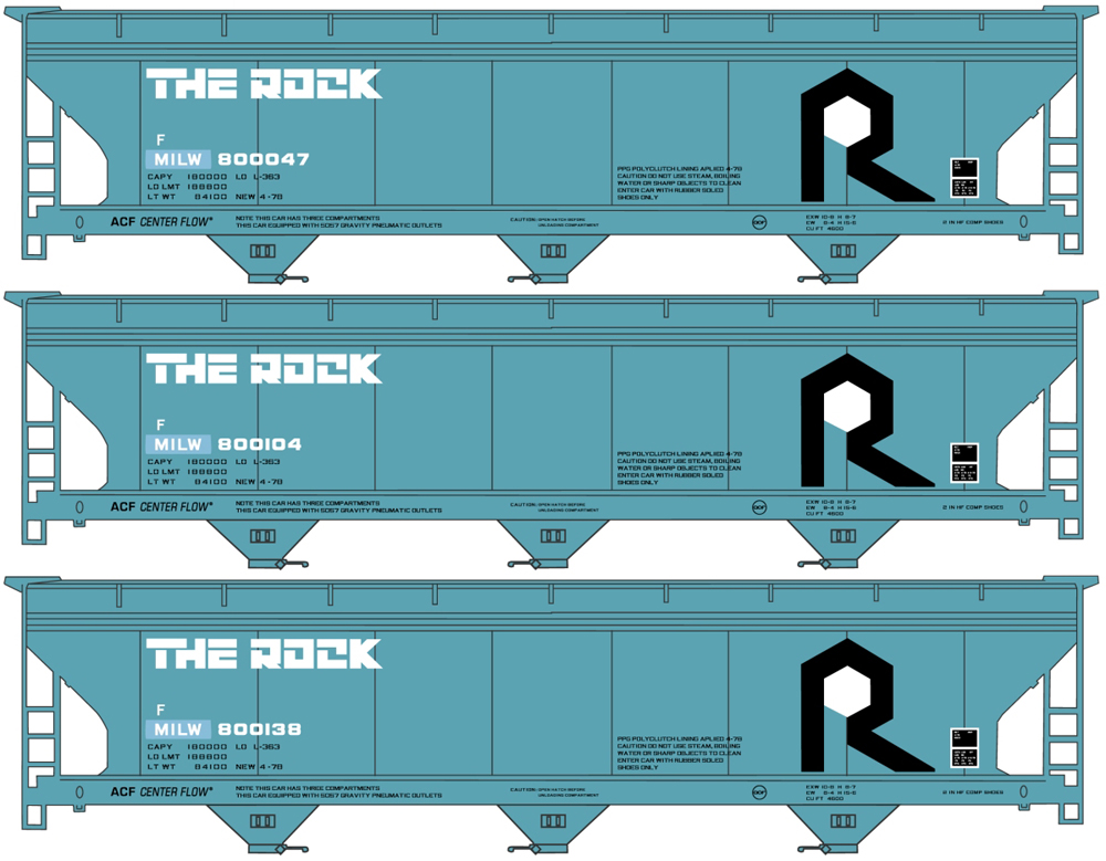 Milwaukee Road (ex-Rock Island) American Car & Foundry 4,600-cubic-foot capacity Center Flow covered hopper three-pack.