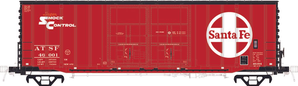 Moloco HO scale Atchison, Topeka & Santa Fe American Car & Foundry 50-foot high-cube double-plug-door boxcar in April 1972 as-delivered scheme