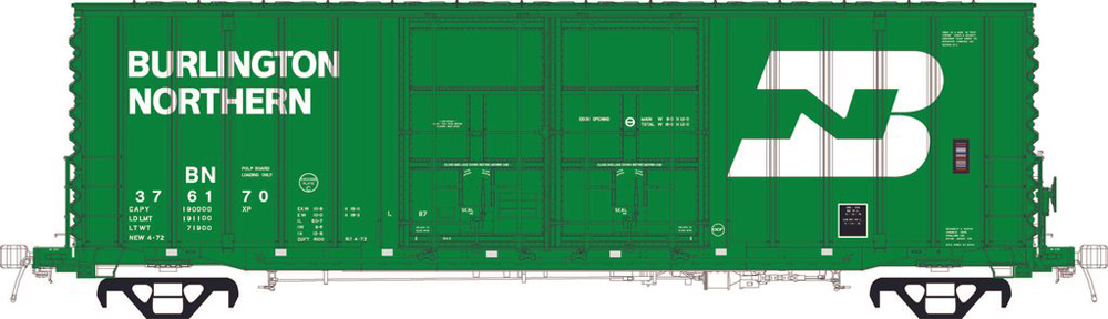 : Moloco HO scale Burlington Northern American Car & Foundry 50-foot high-cube double-plug-door boxcar in April 1972 as-delivered paint scheme