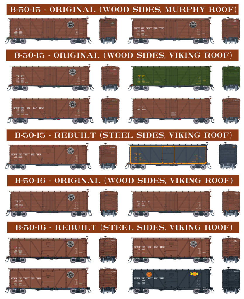 Illustration showing paint schemes on Rapido Trains’ HO scale Southern Pacific class B-50-15 and B-50-16 boxcars