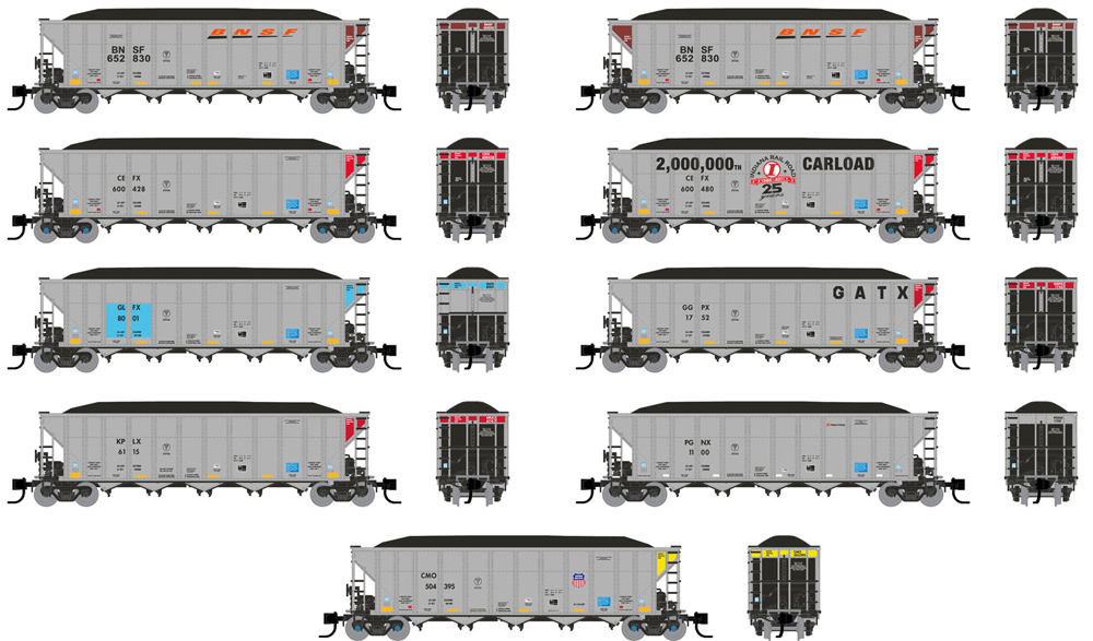 Group image of paint schemes offered on Rapido Trains’ N scale Freightcar America AutoFlood III five-bay coal hopper