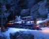 A steam locomotive leads a passenger car from a snow shed in a moonlit winter scene