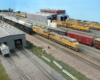 Multiple yellow Union Pacific locomotives in a rail yard.