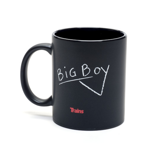 Image of black mug with faux chalk writing and a red logo.