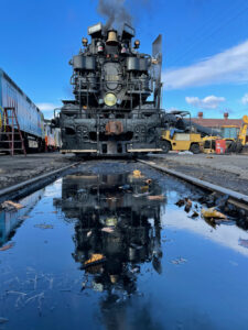 steam locomotive outside shop