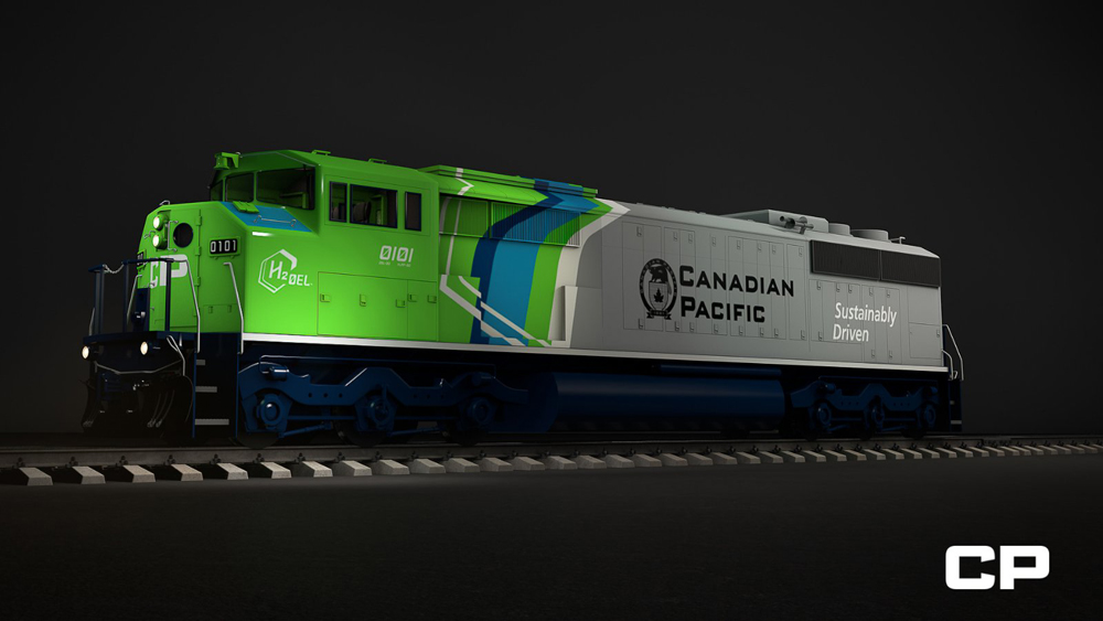 Illustration of locomotive with predominantly green and silver paint scheme