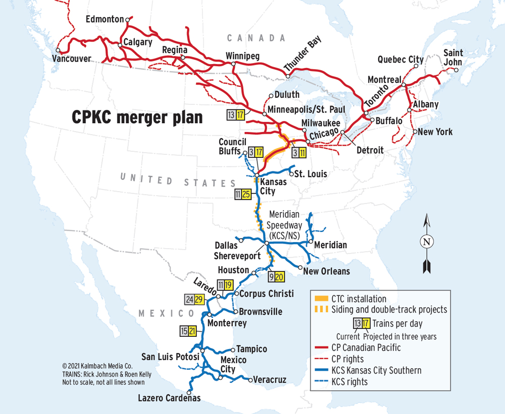 Map of Canadian Pacific and Kansas City Southern systems with details from merger document