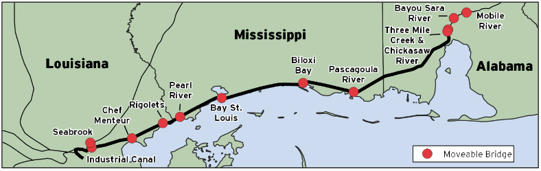 Map of New Orleans-Mobile route showing movable bridge locations