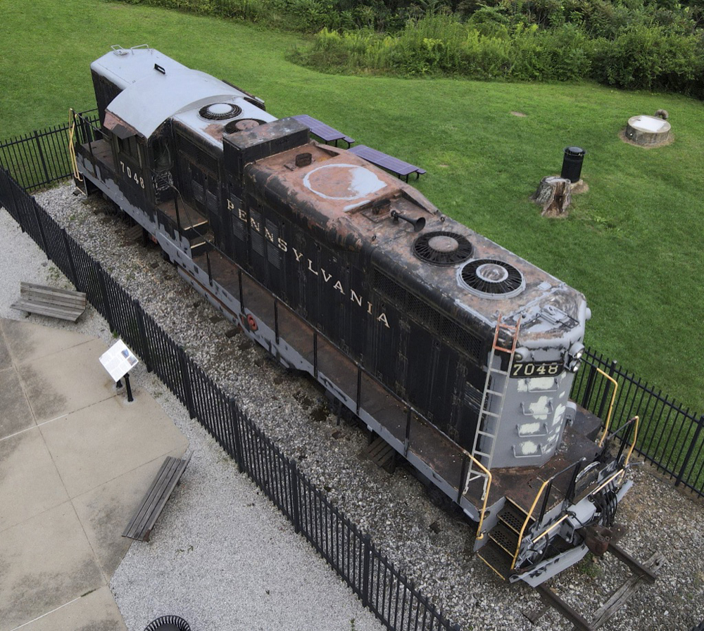 Overhead view of locomotive under repainting