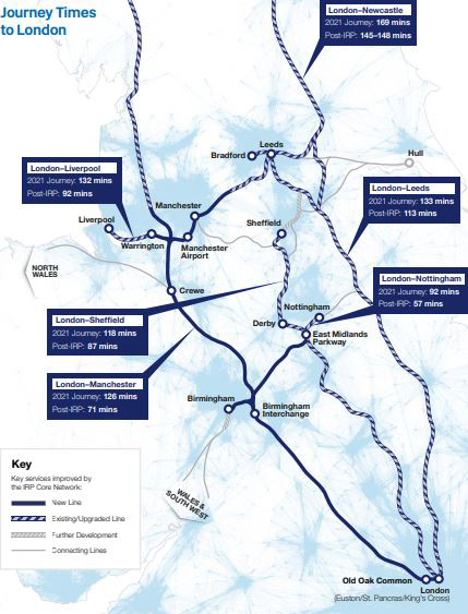 Map showing routes and travel times in England