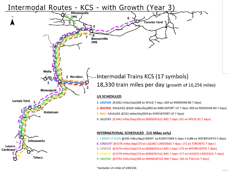 Map showing projected post-merger intermodal traffic on KCS