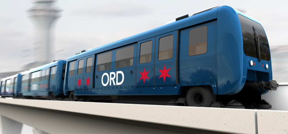 Blue peoplemover train with white ORD lettering