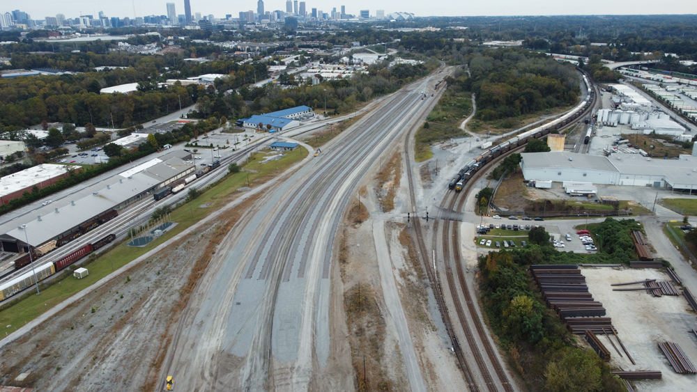 Aerial view of construction work at site of former rail yard