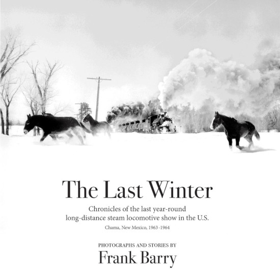 Black and white book cover featuring a train and horses in snow.