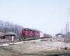 Red diesel locomotives lead freight train on straight track