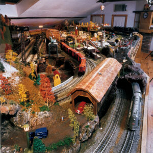 Overview shot of a model train layout