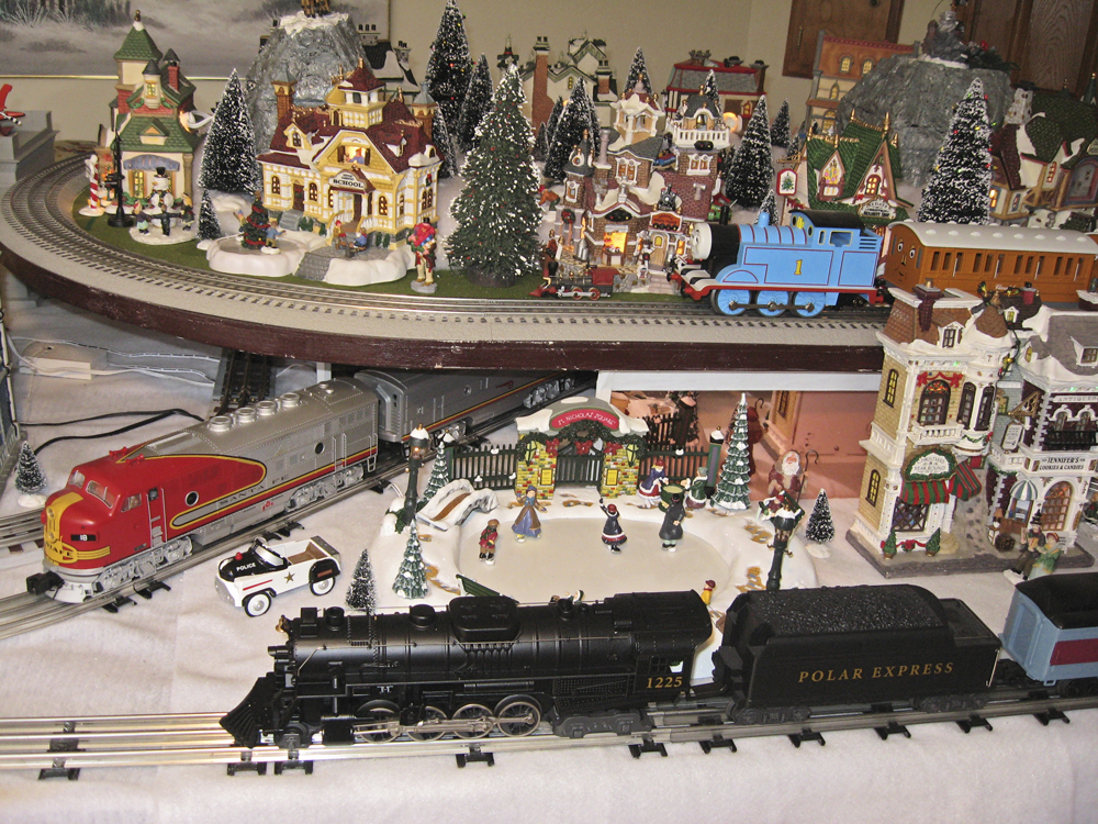 Toy trains in Christmas scene
